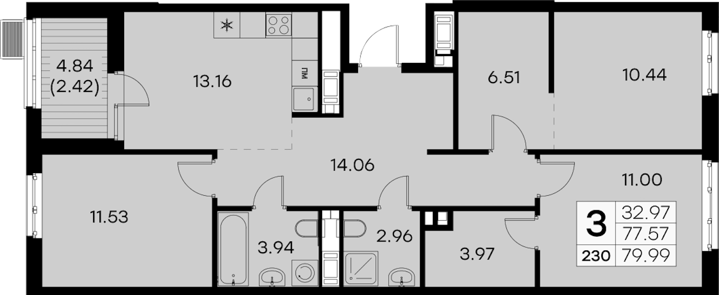 3-комнатная квартира 79.99 м², 7/9 эт., ЖК «Glorax City Балтийская»